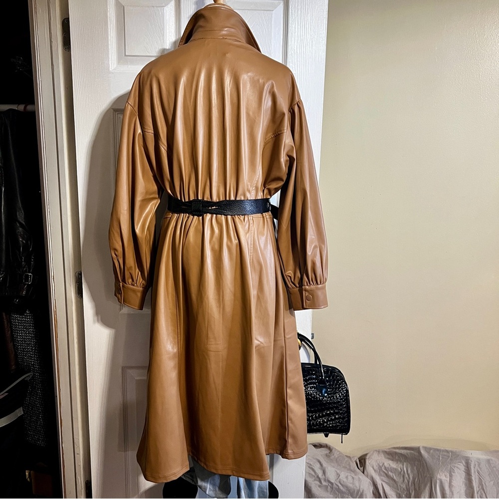 Womens Caramel Faux Leather Retro Puff Sleeve Boho Button Duster Dress Coat 1XP - Picture 7 of 16
